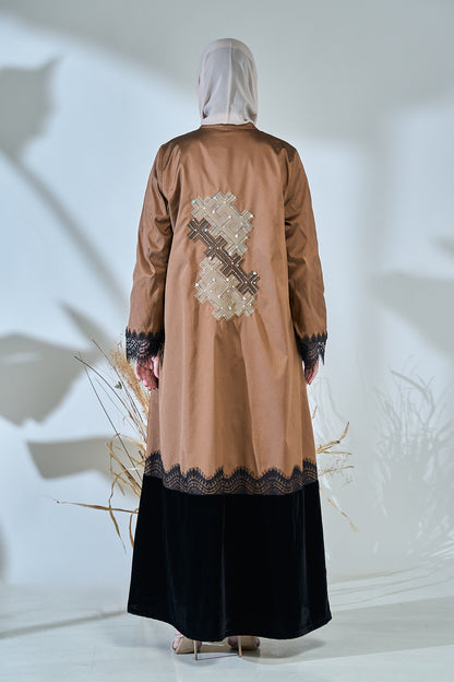 Mocha Taffeta Abaya with Black Lace Accents and Velvet Hem