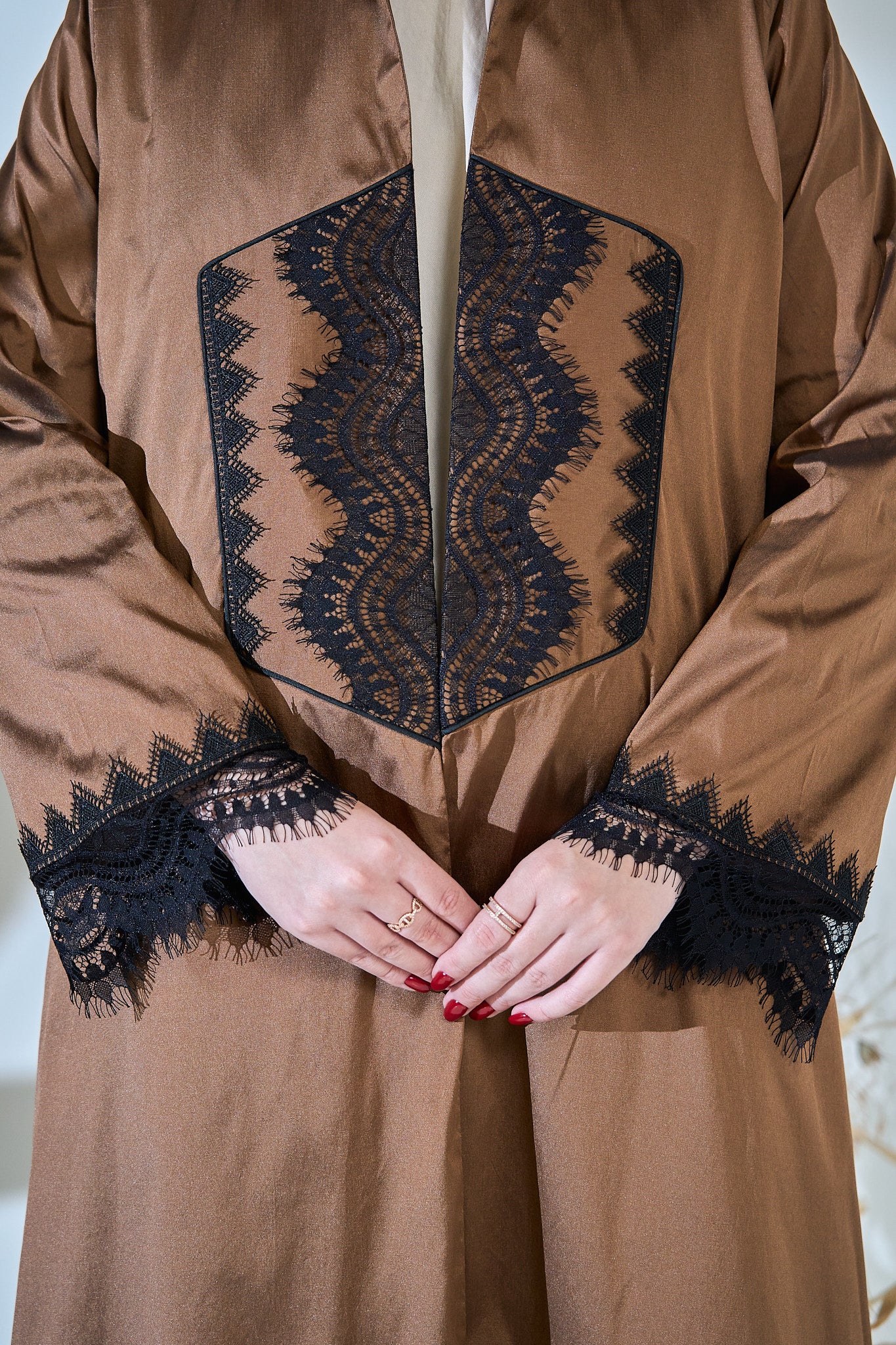 Mocha Taffeta Abaya with Black Lace Accents and Velvet Hem