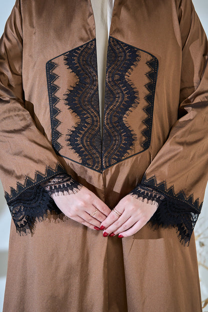 Mocha Taffeta Abaya with Black Lace Accents and Velvet Hem
