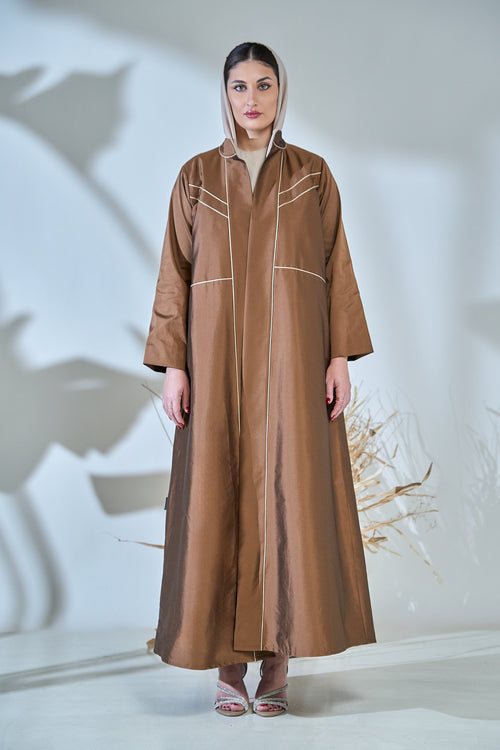 Contrast-Piped Cocoa Abaya with Structured Tailored Finish
