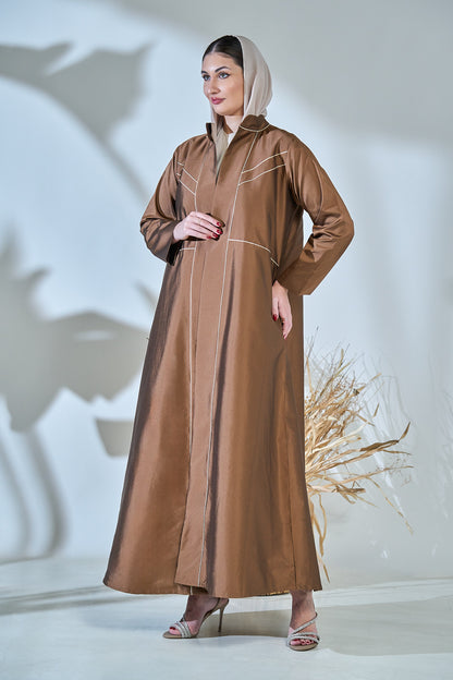 Contrast-Piped Cocoa Abaya with Structured Tailored Finish