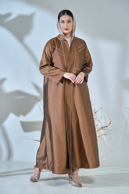 Contrast-Piped Cocoa Abaya with Structured Tailored Finish