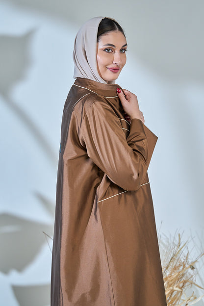 Contrast-Piped Cocoa Abaya with Structured Tailored Finish
