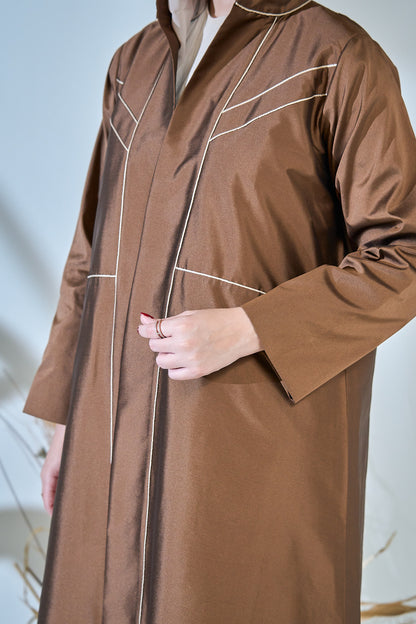 Contrast-Piped Cocoa Abaya with Structured Tailored Finish