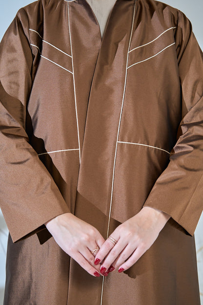 Contrast-Piped Cocoa Abaya with Structured Tailored Finish