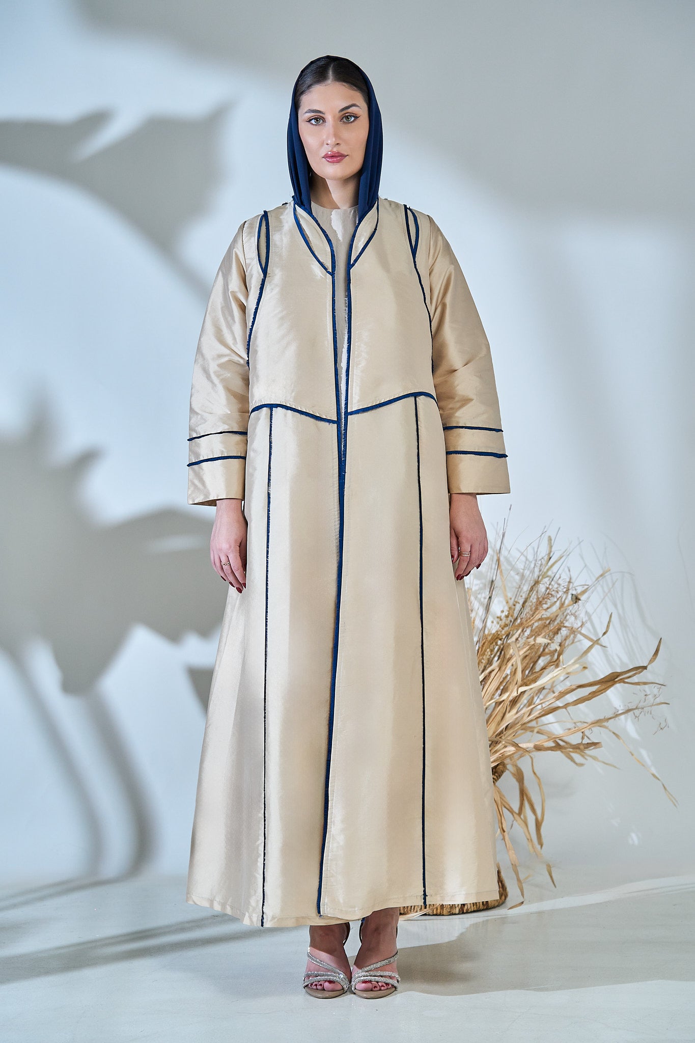 Beige Taffeta Abaya with Sculpted Royal-Blue Panel Piping