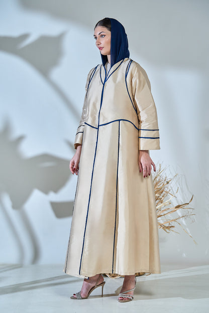 Beige Taffeta Abaya with Sculpted Royal-Blue Panel Piping