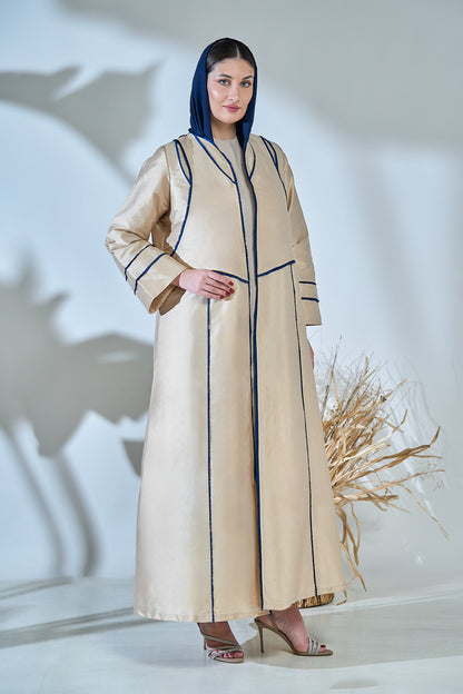Beige Taffeta Abaya with Sculpted Royal-Blue Panel Piping