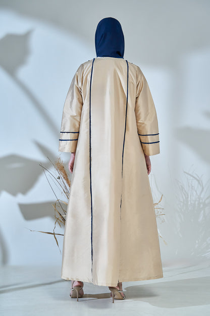 Beige Taffeta Abaya with Sculpted Royal-Blue Panel Piping