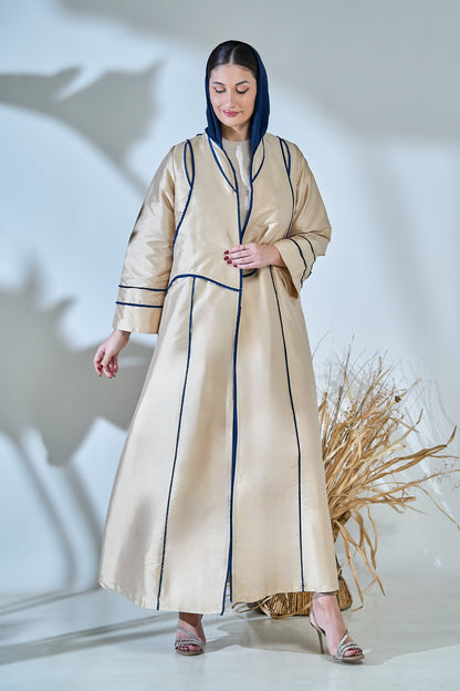 Beige Taffeta Abaya with Sculpted Royal-Blue Panel Piping