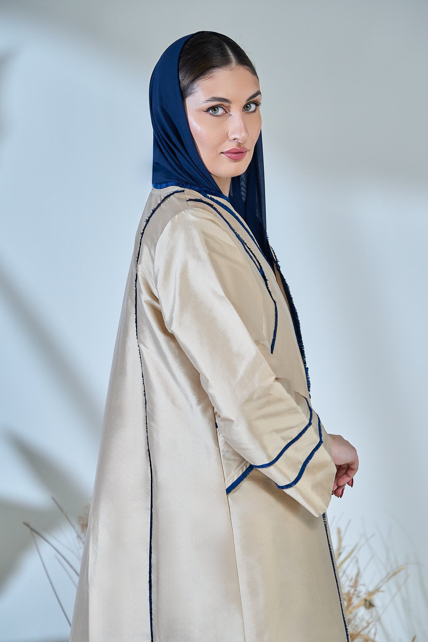 Beige Taffeta Abaya with Sculpted Royal-Blue Panel Piping