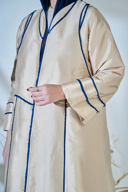 Beige Taffeta Abaya with Sculpted Royal-Blue Panel Piping