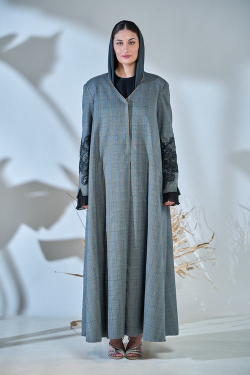 Glen Check Elegance Abaya with Lace Sleeve Accents