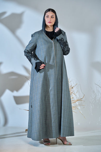 Glen Check Elegance Abaya with Lace Sleeve Accents