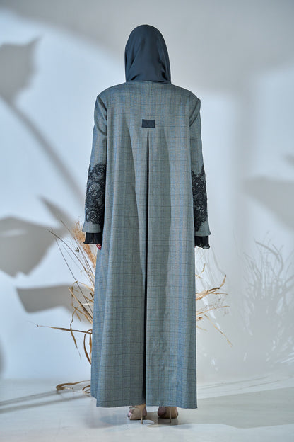 Glen Check Elegance Abaya with Lace Sleeve Accents
