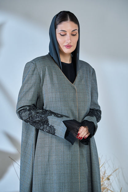 Glen Check Elegance Abaya with Lace Sleeve Accents