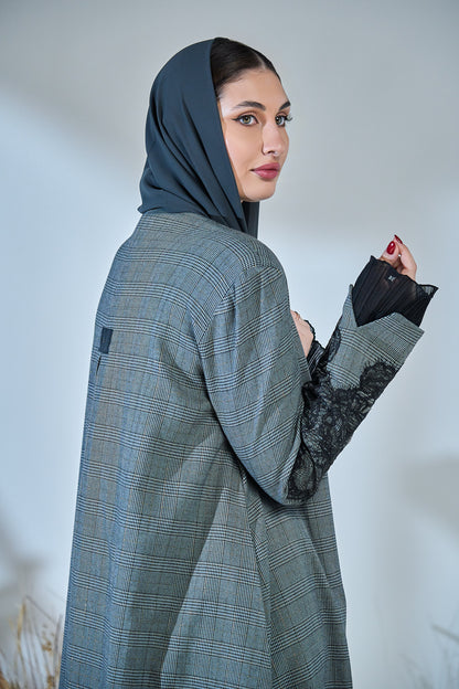 Glen Check Elegance Abaya with Lace Sleeve Accents