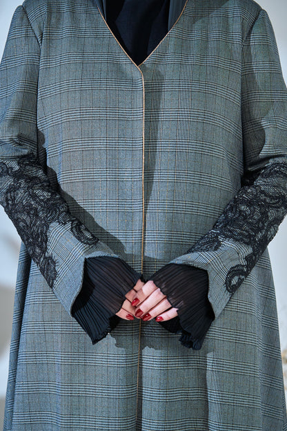 Glen Check Elegance Abaya with Lace Sleeve Accents