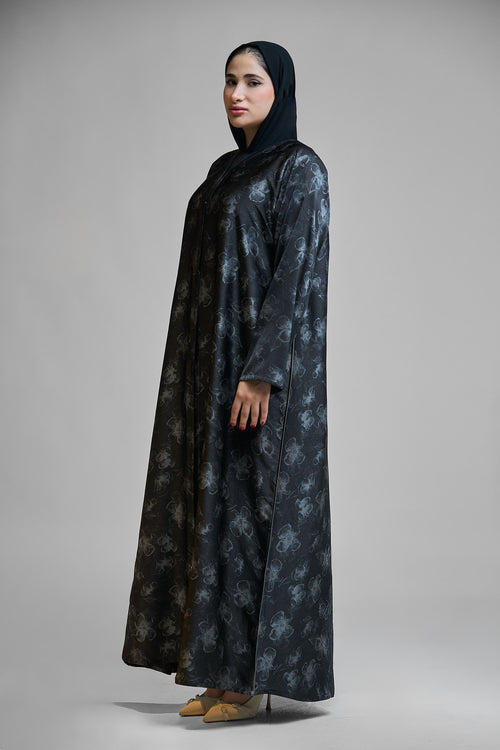 Printed Abaya with Vintage Floral Overlay – hover image