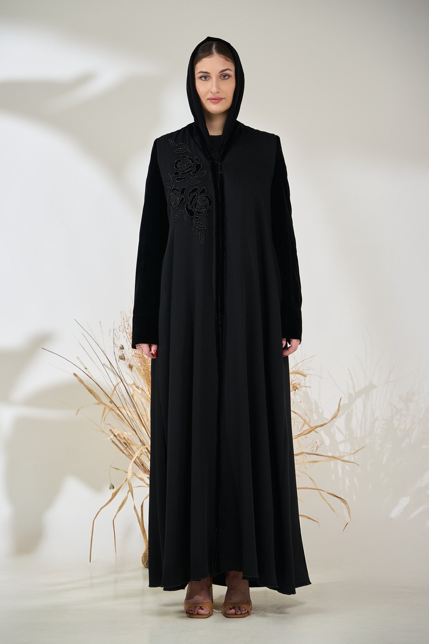 Black Velvet-Accented Abaya with Hand-Embroidered Floral Beading