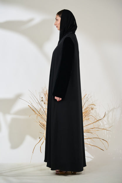 Black Velvet-Accented Abaya with Hand-Embroidered Floral Beading