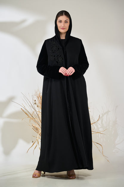 Black Velvet-Accented Abaya with Hand-Embroidered Floral Beading