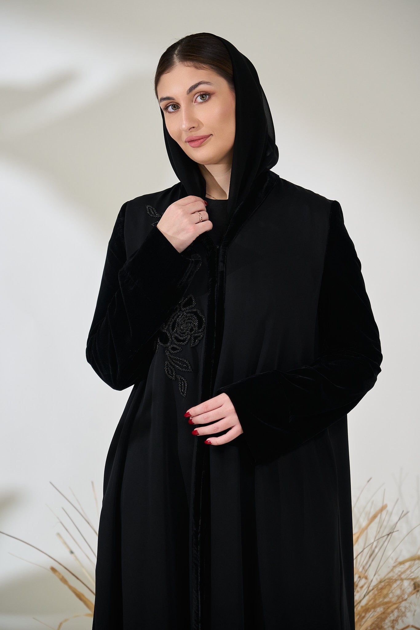Black Velvet-Accented Abaya with Hand-Embroidered Floral Beading