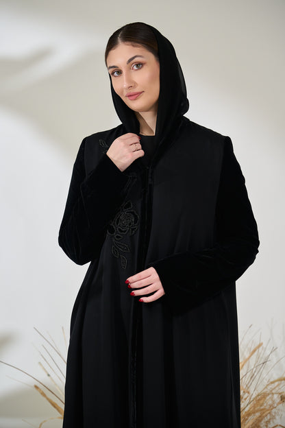 Black Velvet-Accented Abaya with Hand-Embroidered Floral Beading