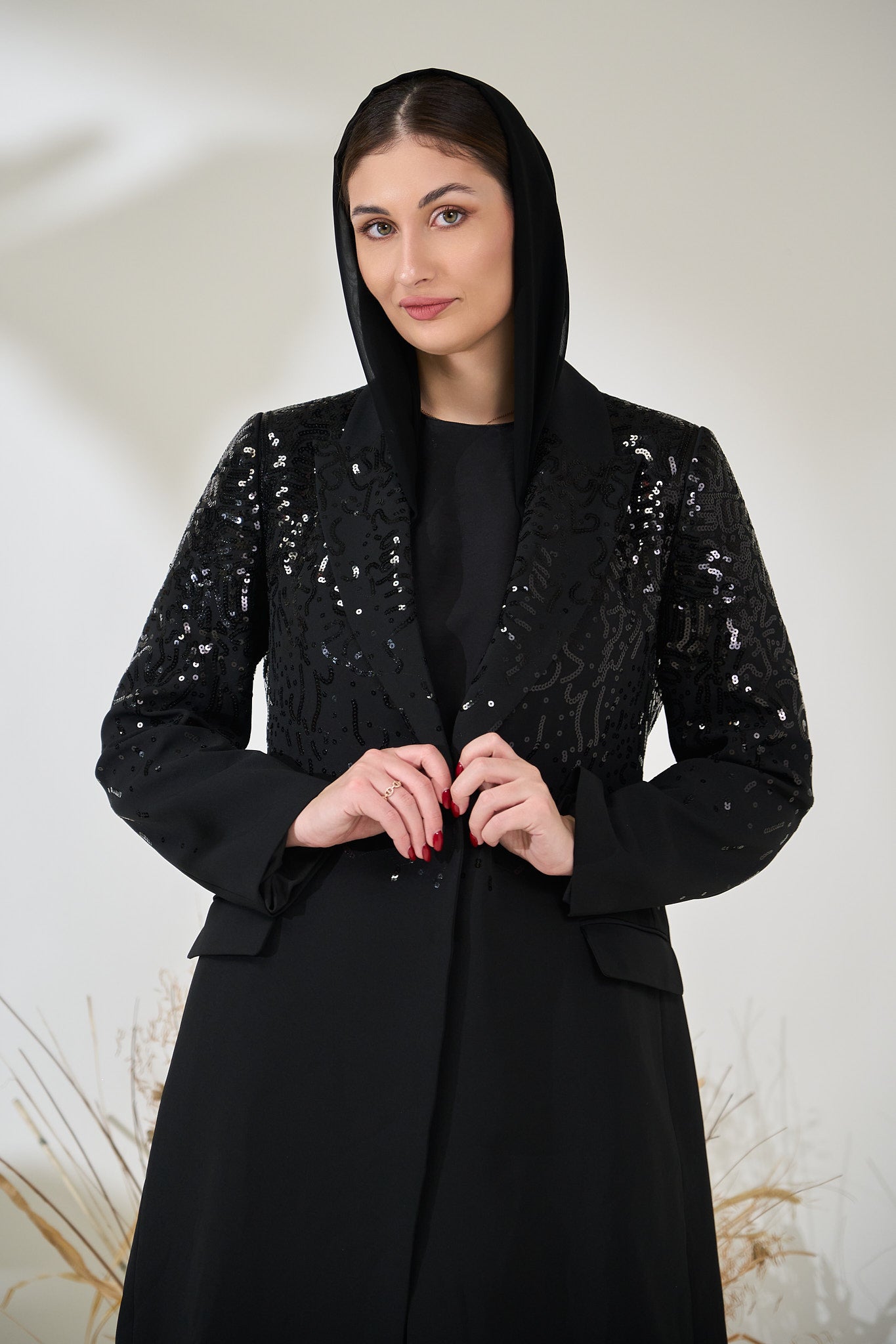 Elegant Black Sequin Suit Abaya