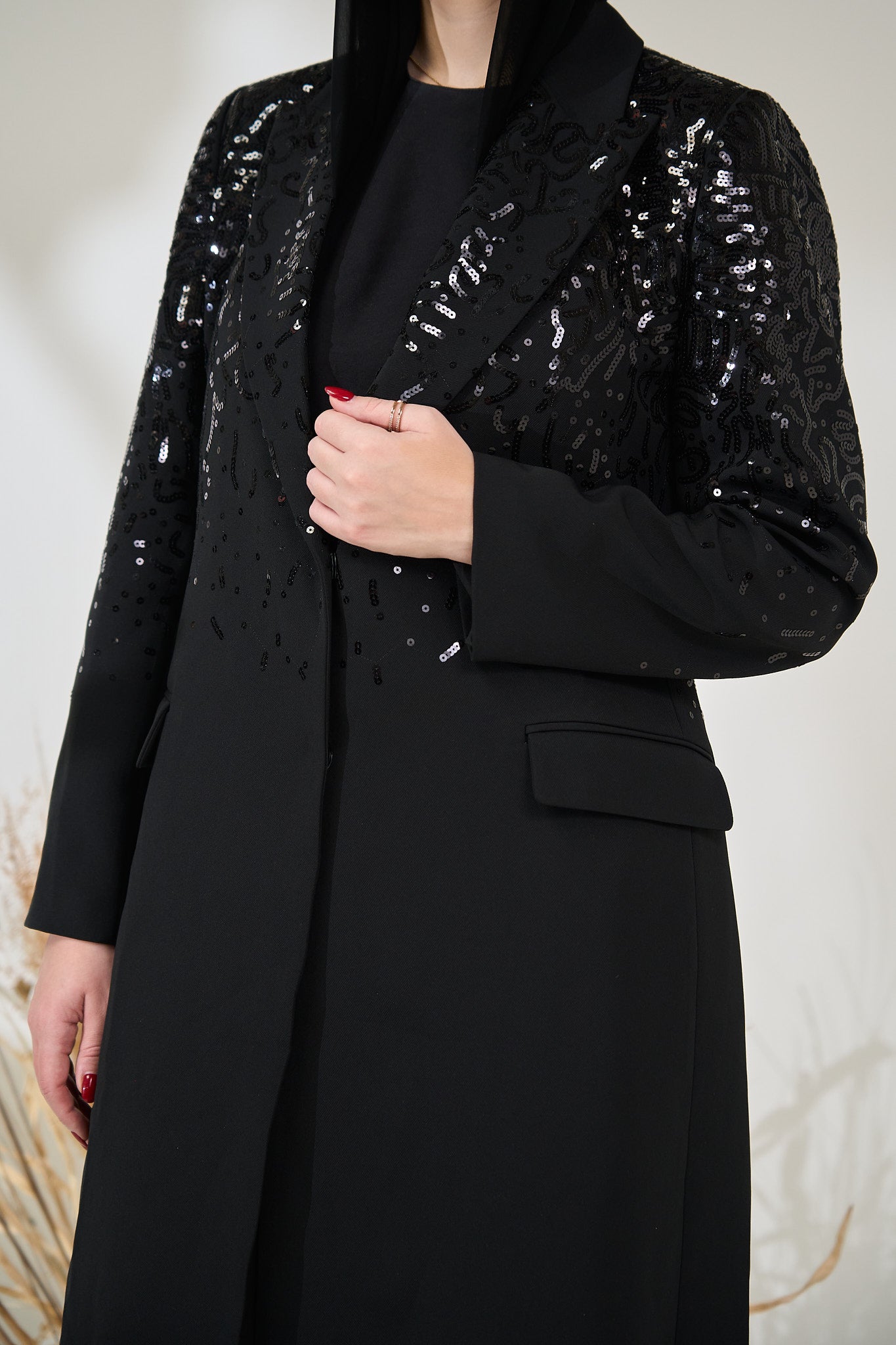 Elegant Black Sequin Suit Abaya