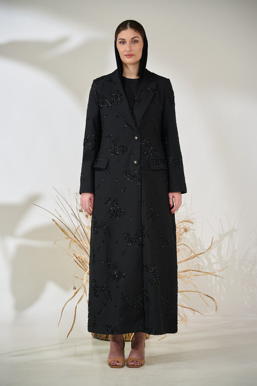 Imperial Noir Embellished Couture Suit Abaya Product Description