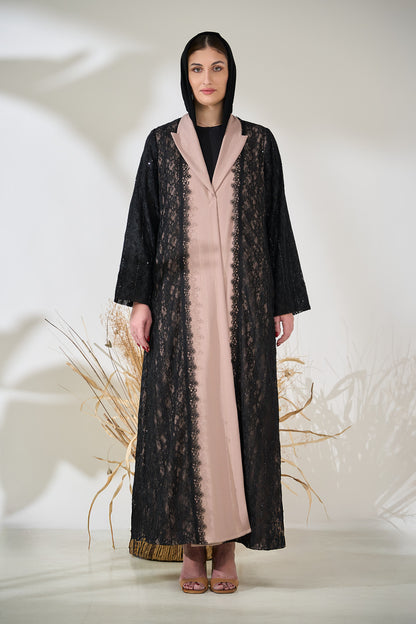 Blush Panel Abaya with Black Sequined Lace Overlay