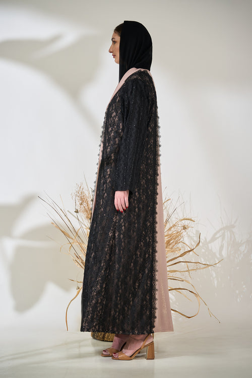 Blush Panel Abaya with Black Sequined Lace Overlay – hover image