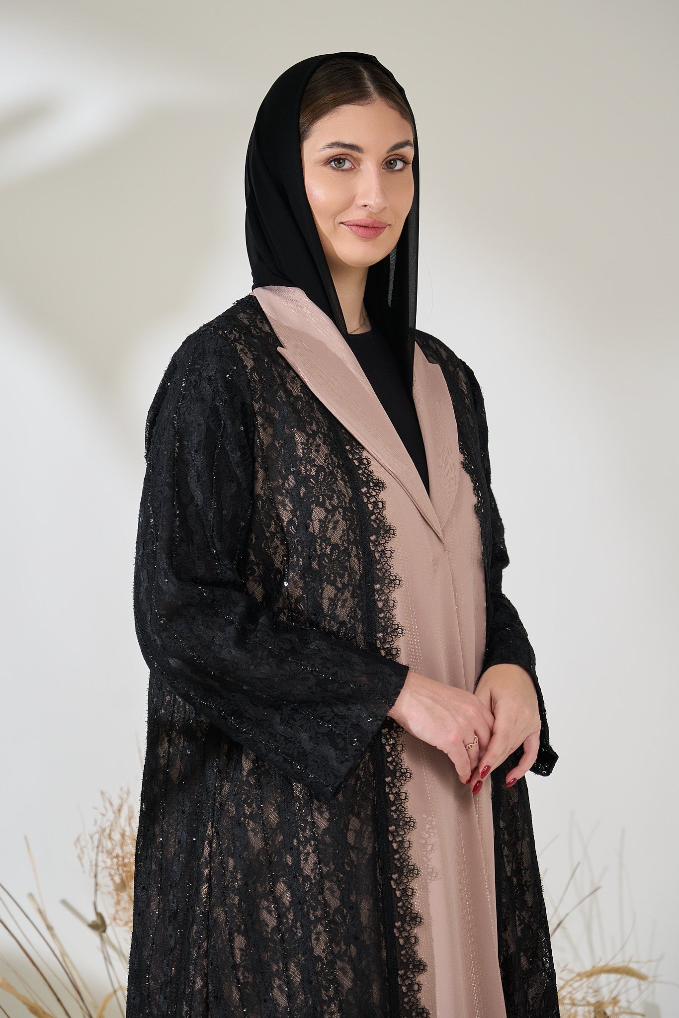 Blush Panel Abaya with Black Sequined Lace Overlay