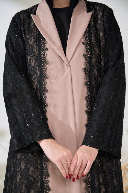 Blush Panel Abaya with Black Sequined Lace Overlay