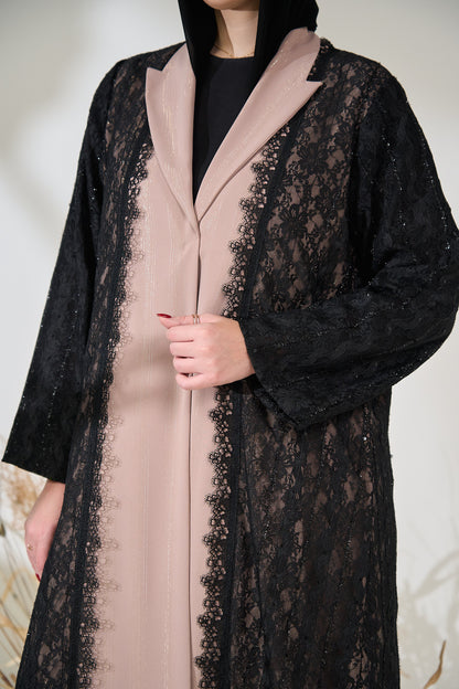 Blush Panel Abaya with Black Sequined Lace Overlay