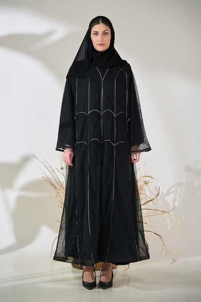 Black Sheer Layered Abaya with Silver Piped Architectural Seams