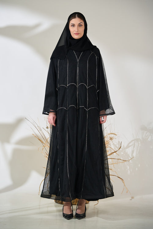 Black Sheer Layered Abaya with Silver Piped Architectural Seams