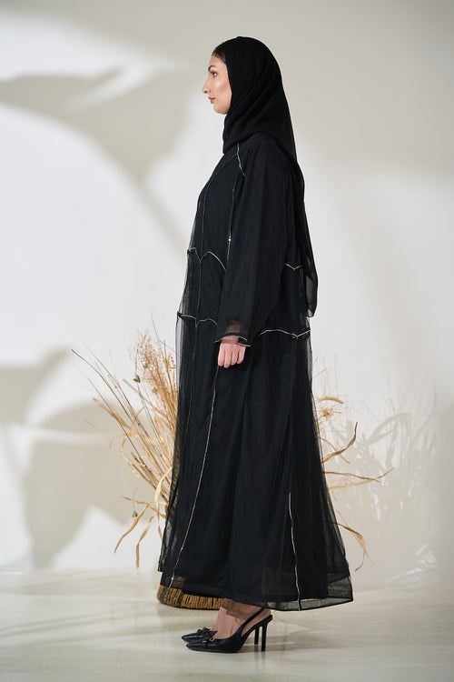 Black Sheer Layered Abaya with Silver Piped Architectural Seams – hover image