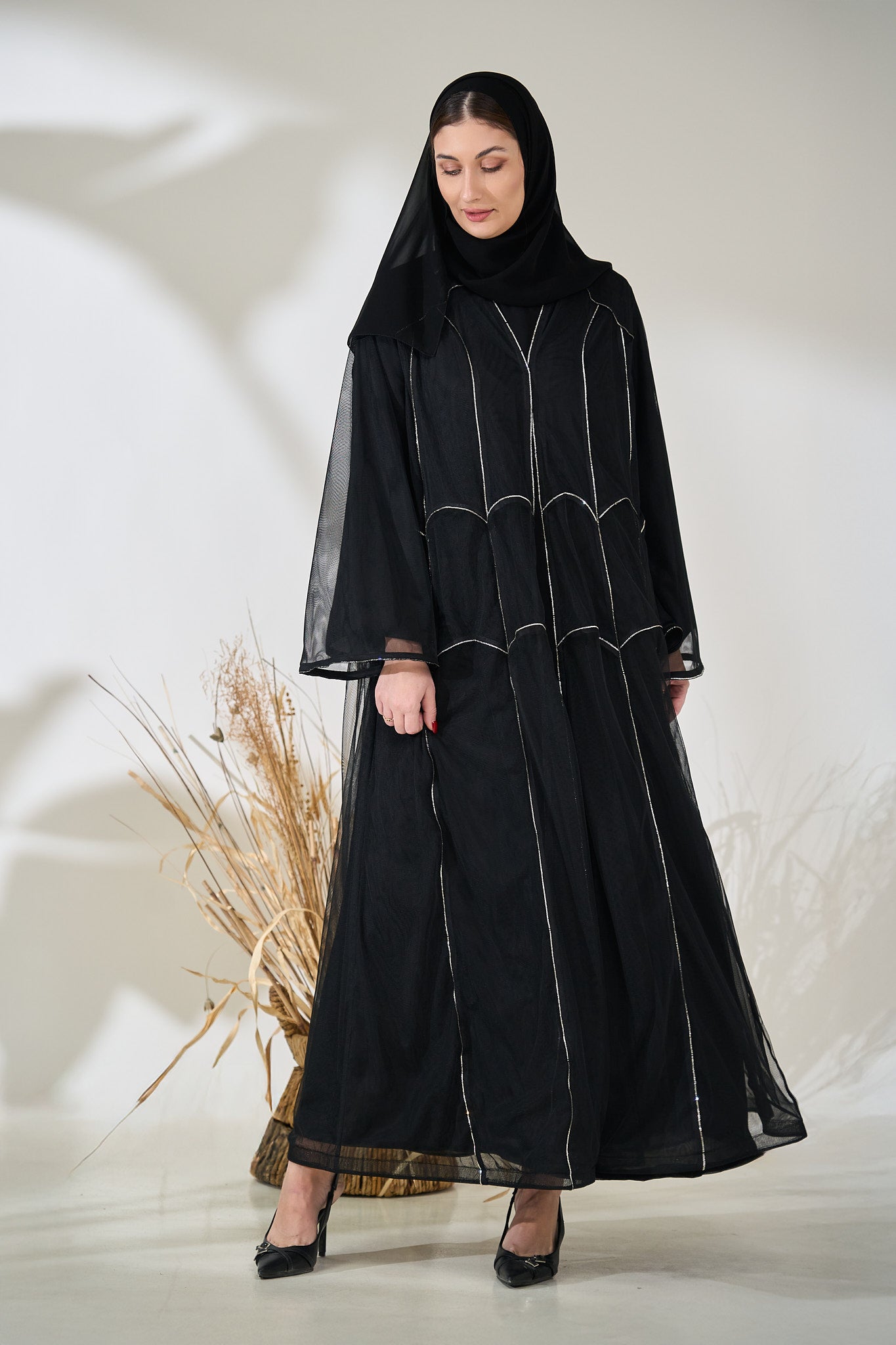 Black Sheer Layered Abaya with Silver Piped Architectural Seams