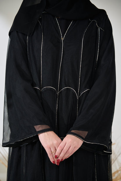 Black Sheer Layered Abaya with Silver Piped Architectural Seams