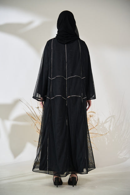 Black Sheer Layered Abaya with Silver Piped Architectural Seams