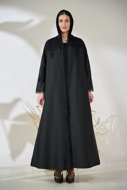 Black Taffeta Abaya with Intricate Beaded Lace Yoke