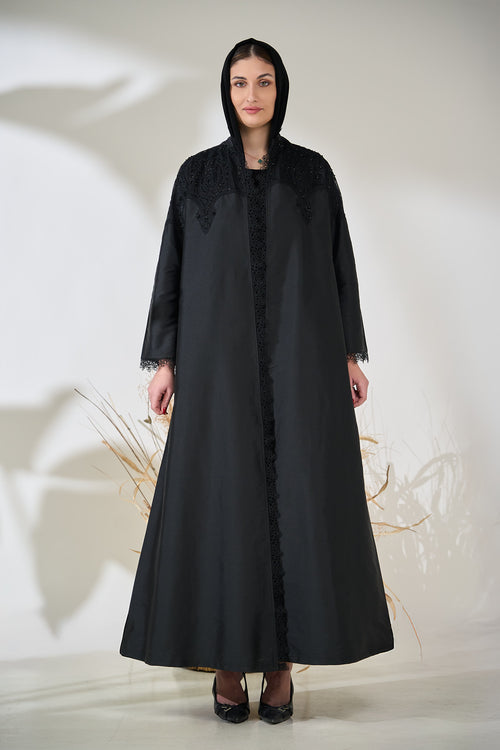 Black Taffeta Abaya with Intricate Beaded Lace Yoke