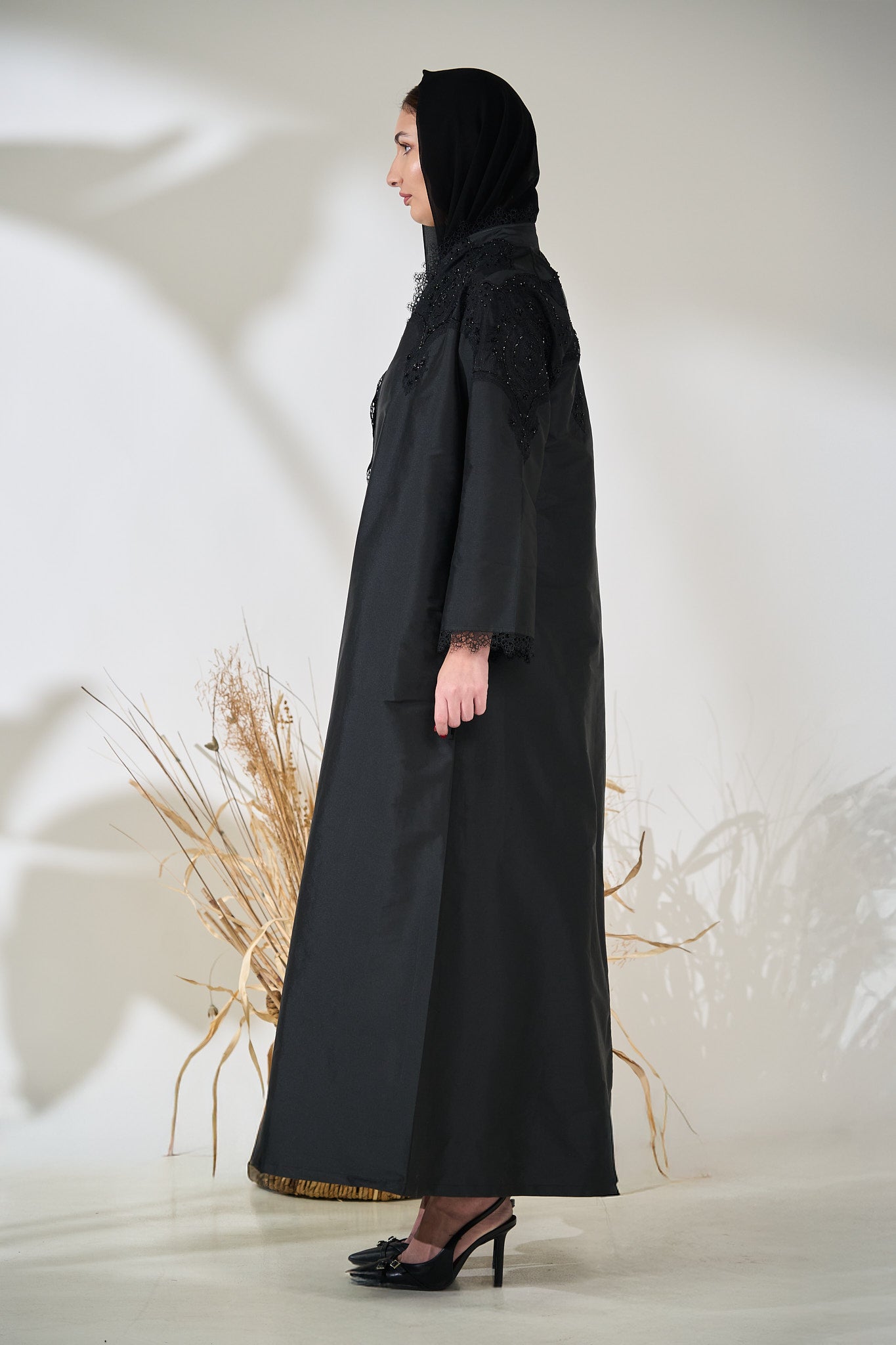 Black Taffeta Abaya with Intricate Beaded Lace Yoke