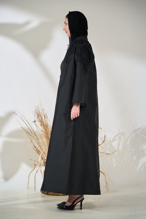 Black Taffeta Abaya with Intricate Beaded Lace Yoke – hover image