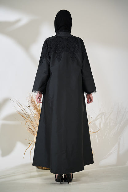 Black Taffeta Abaya with Intricate Beaded Lace Yoke