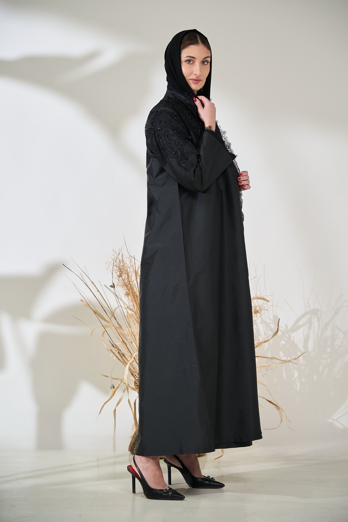 Black Taffeta Abaya with Intricate Beaded Lace Yoke