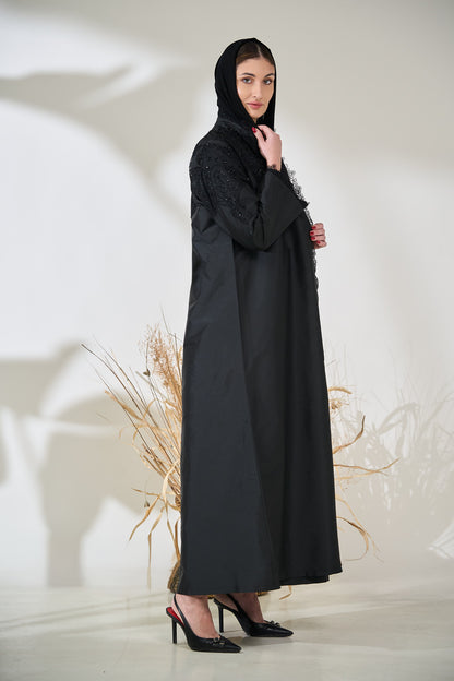 Black Taffeta Abaya with Intricate Beaded Lace Yoke