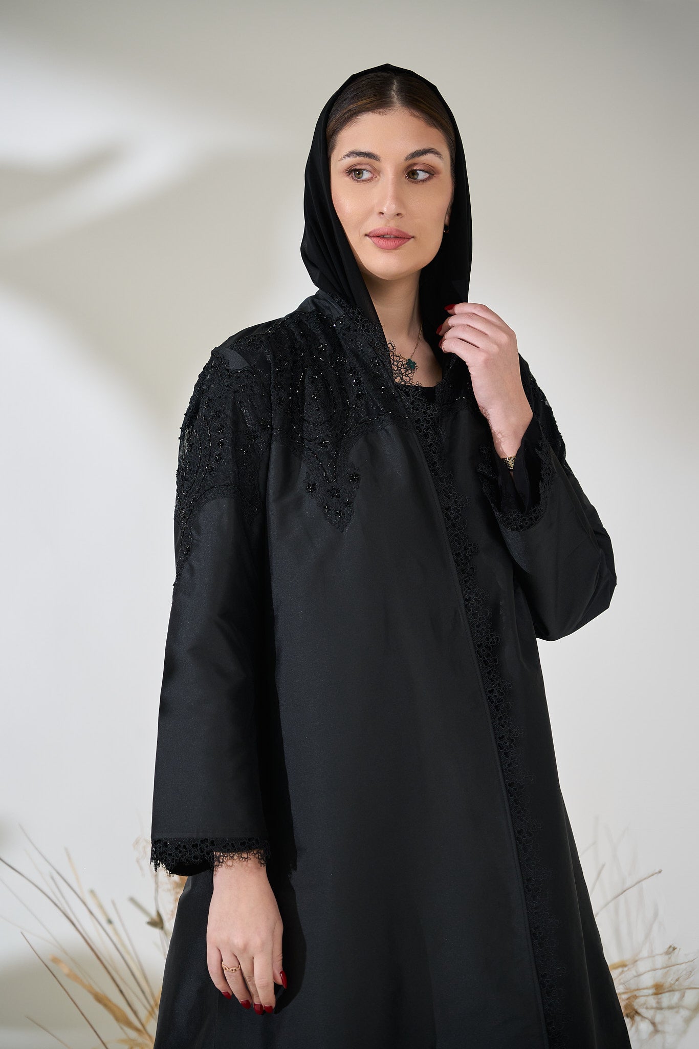 Black Taffeta Abaya with Intricate Beaded Lace Yoke